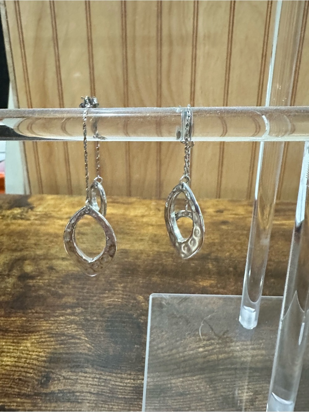 Silver Textured Drop Hoop Earrings with Chain - Women Jewelry